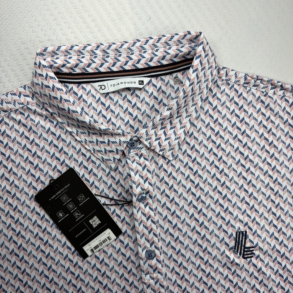 7 Diamonds Jima 4-Way Stretch Polo Shirt Mens XL Coral Blue Chevron SMP-1581 NWT